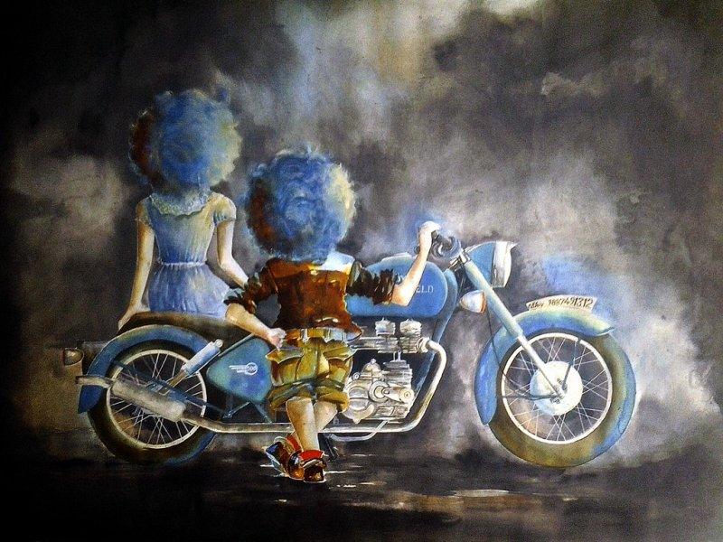 Figurative mixed media painting titled 'Puppy and chicky on with bike', 22x28 inches, by artist Shiv Kumar Soni on Paper