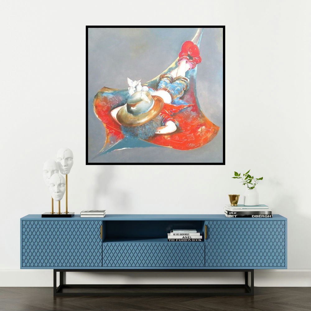 'Puppy Swinging With Kite' painting by Shiv Kumar Soni shown on a wall in a furnished room.