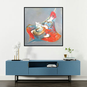 'Puppy Swinging With Kite' painting by Shiv Kumar Soni shown on a wall in a furnished room.