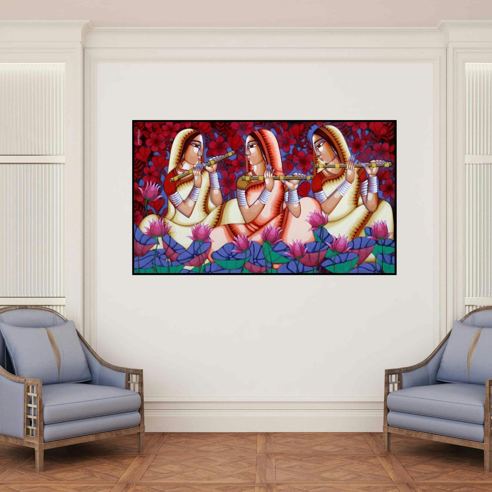 'Purbaraag' painting by Sekhar Roy shown on a wall in a furnished room.