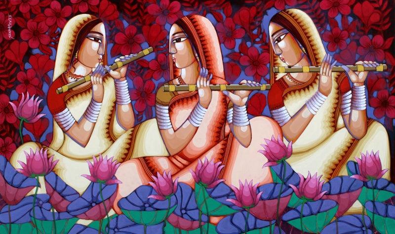 Figurative acrylic painting titled 'Purbaraag', 36x60 inches, by artist Sekhar Roy on Canvas