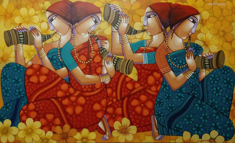 Purbarag' figurative acrylic painting by artist Sekhar Roy, 36x60 inch, on canvas