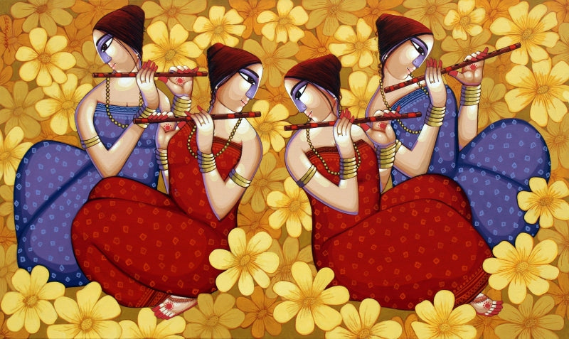 Purbarag' figurative acrylic painting by artist Sekhar Roy, 36x72 inch, on canvas