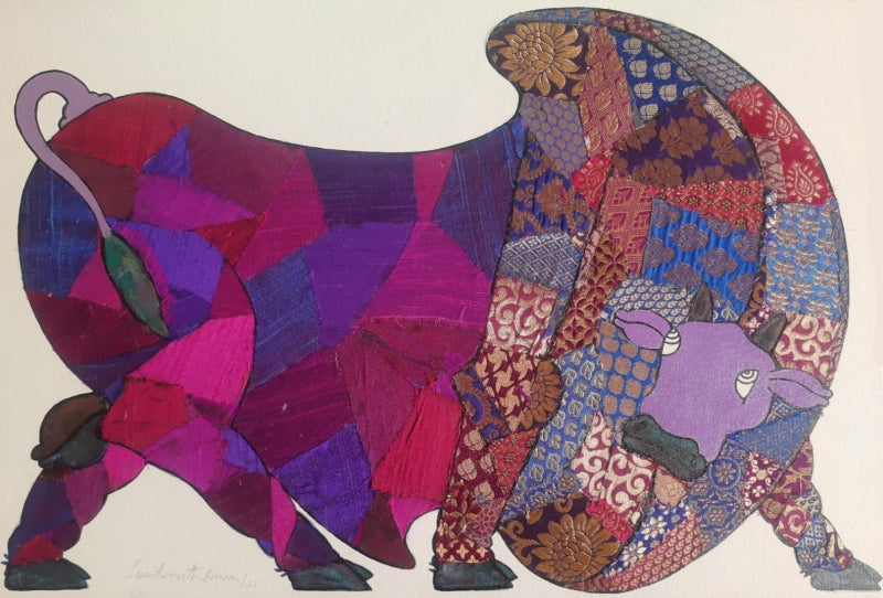 Purple Bull 1' animals mixed-media painting by artist Sreekanth Kurva, 15x22 inch, on canvas board