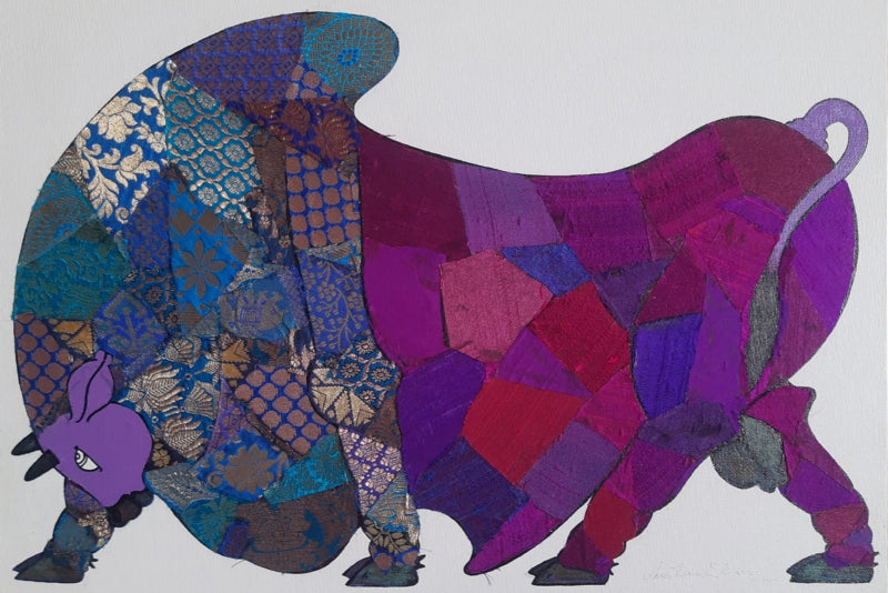 Purple Bull 2' animals mixed-media painting by artist Sreekanth Kurva, 15x22 inch, on canvas board