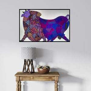 In-situ view of Sreekanth Kurva's 'Purple Bull Banarasi Silk' painting in a room