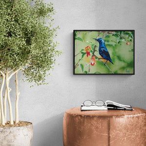 Gaurav Dinesh's 'Purple Sunbird On Pomegranate Shrub (Feathered Jewel)' Painting visualized above a sofa in a contemporary room