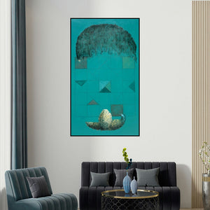 Mukesh Hattarge's 'Puzzle Of Life Ii (The Weight of Expectation)' painting visualized above a sofa in a contemporary room.