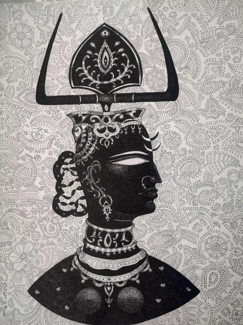 Figurative pen ink painting titled 'Queen', 24x20 inches, by artist Bhaskar Lahiri on Paper