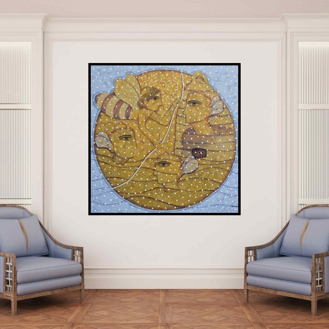 In-situ view of Pravin Randive's 'Queen Bee (The Hive Mind)' painting in a room