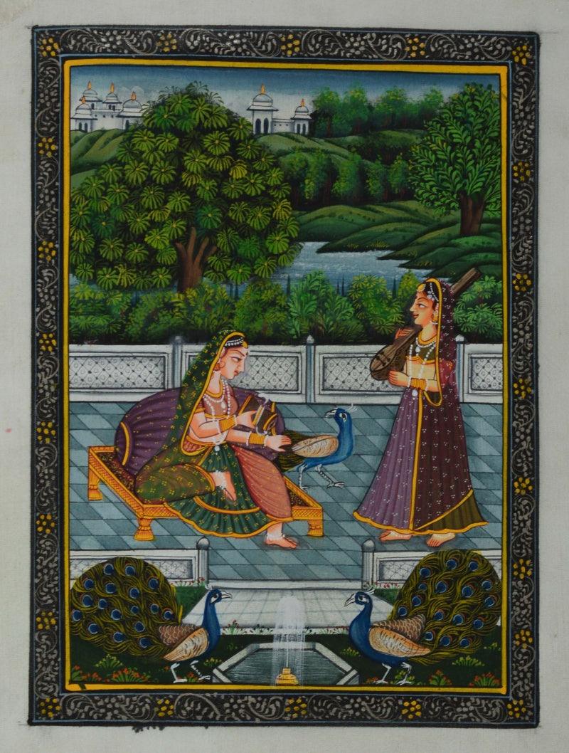 Figurative mughal traditional art titled 'Queen Playing With Peacocks', 8x6 inches, by artist Unknown on Silk