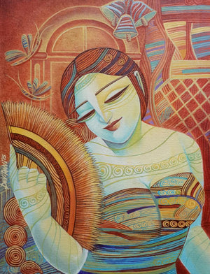 Queen V (Summers Breeze) by Devirani Dasgupta, Original Acrylic Figurative Painting on Canvas, Small Vertical Wall Art