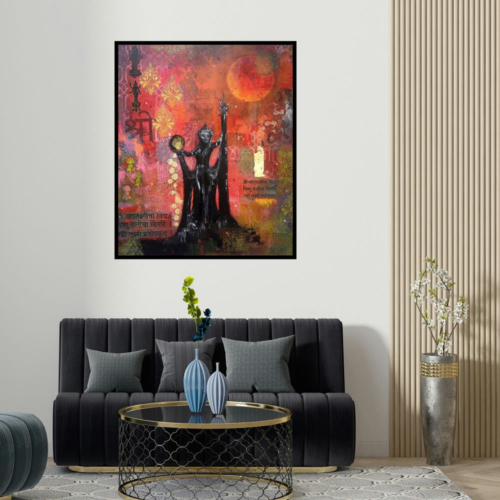 'Queen Of Wealth (Rise of Shakti)' painting by Sheetal Singh shown on a wall in a furnished room.