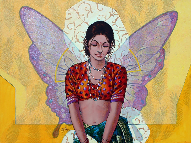 'Queen Of Wings' figurative acrylic-charcoal painting by artist Ramchandra Kharatmal, 36x48 inch, on canvas