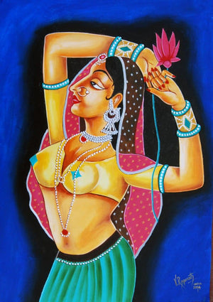 Queen With Lotus by Ragunath, Original Oil Figurative Painting on Canvas, Small Vertical Wall Art