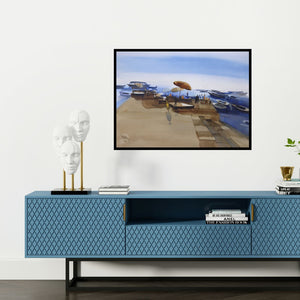 Preview of 'A Quietude Flows Amidst The Chaos (Morning at the Ghats)' Painting by Prashant Prabhu shown on a wall in a furnished room.