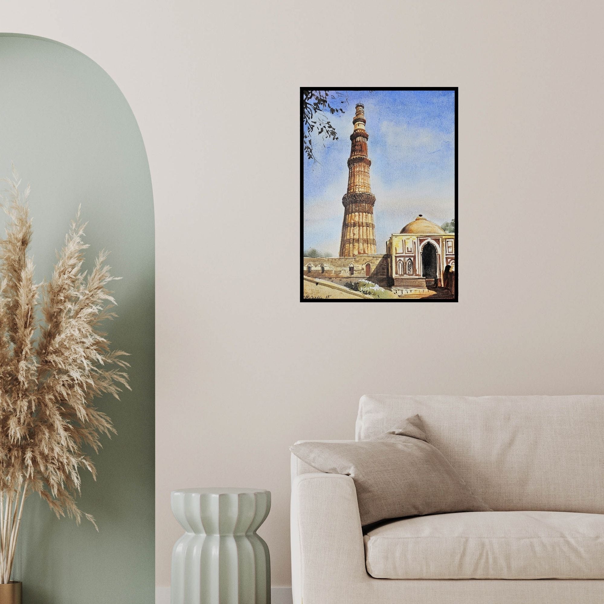 In-situ view of Ranabir Saha's 'Qutab Minar Delhi (Majestic Qutub Minar**)' painting in a room