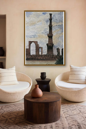 Qutub Minar Old Delhi (Qutub Minar at Dusk) by artist Arunava Ray displayed in a Minimalist gallery