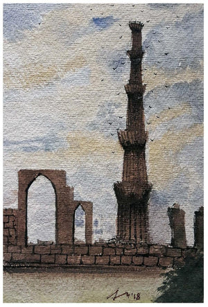 Qutub Minar Old Delhi (Qutub Minar at Dusk) by Arunava Ray, Original Watercolor Cityscape Painting on Paper, X-Small Vertical Wall Art