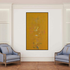 'Search Of Eternity 35 (Golden Haze)' painting by Raghu Neware shown on a wall in a furnished room.