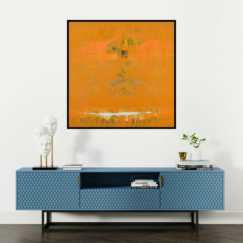 'Search Of Eternity 29 (Emerging Forms)' painting by Raghu Neware shown on a wall in a furnished room.