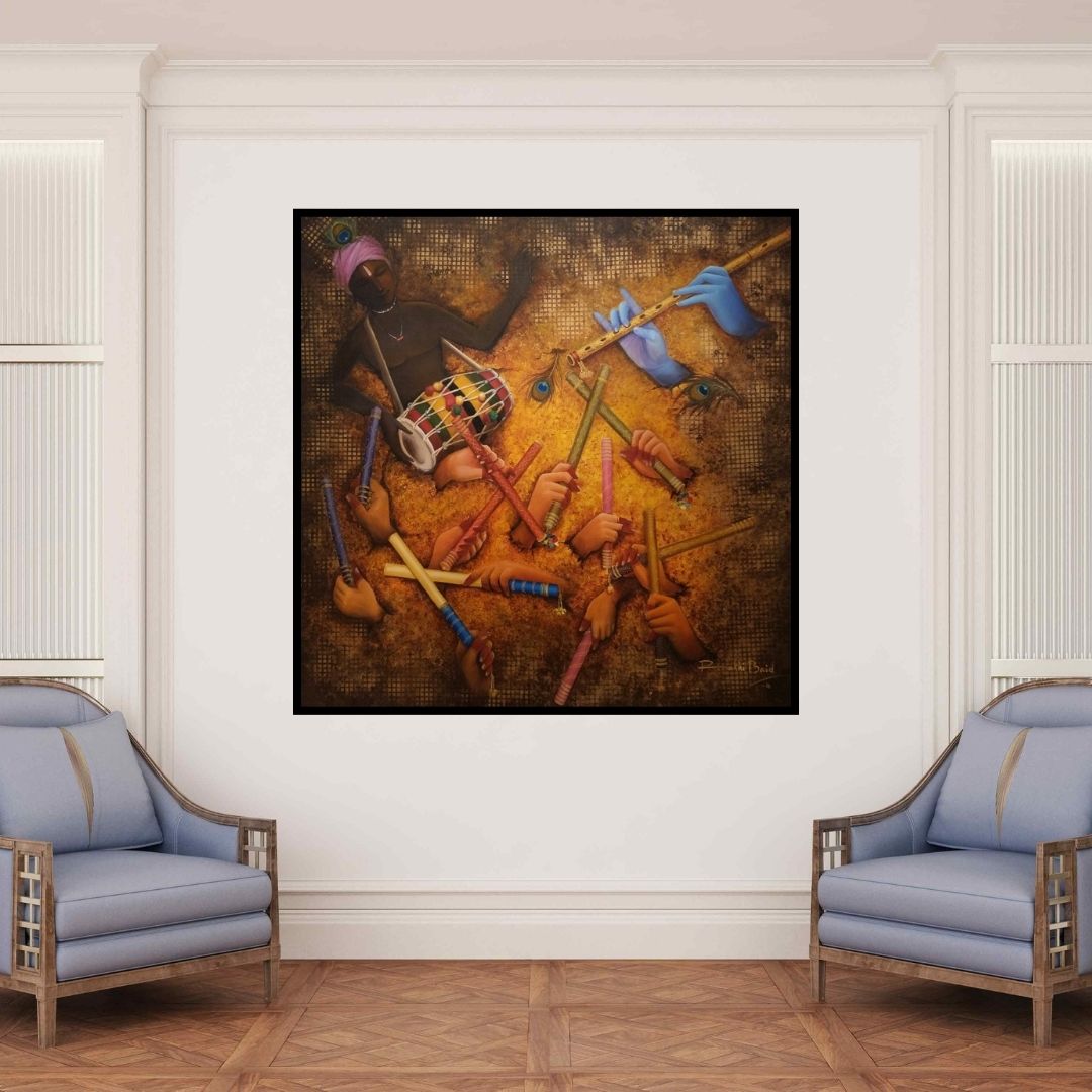 In-situ view of Rakhi Baid's 'Raas (Universal Rhythm)' painting in a room