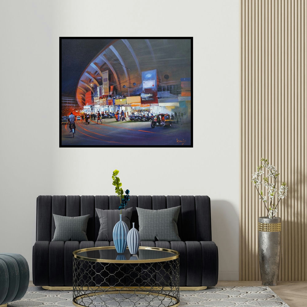 'Raat Baaki I (Busy Street, India)' painting by Bijay Biswaal shown on a wall in a furnished room.