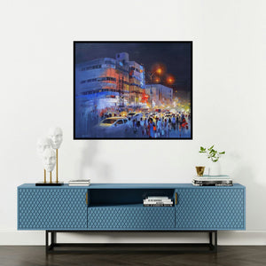 Bijay Biswaal's 'Raat Baaki Ii (City Night)' painting visualized above a sofa in a contemporary room.