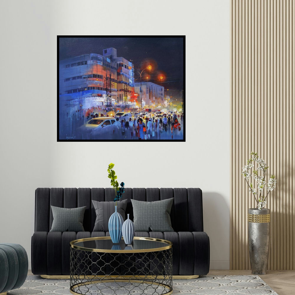 'Raat Baaki Ii (City Night)' painting by Bijay Biswaal shown on a wall in a furnished room.