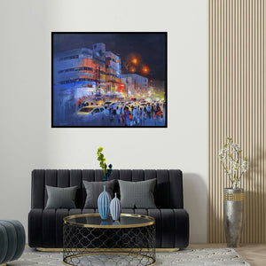 'Raat Baaki Ii (City Night)' painting by Bijay Biswaal shown on a wall in a furnished room.