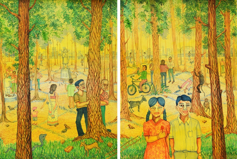 Rabindra Park (Diptych)' contemporary watercolor painting by artist Animesh Mahata, 30x44 inch, on canson paper