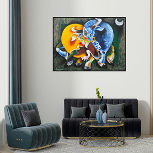 Uttam Manna's 'Radga And Krishna (Nighttime Revelry)' painting visualized above a sofa in a contemporary room.