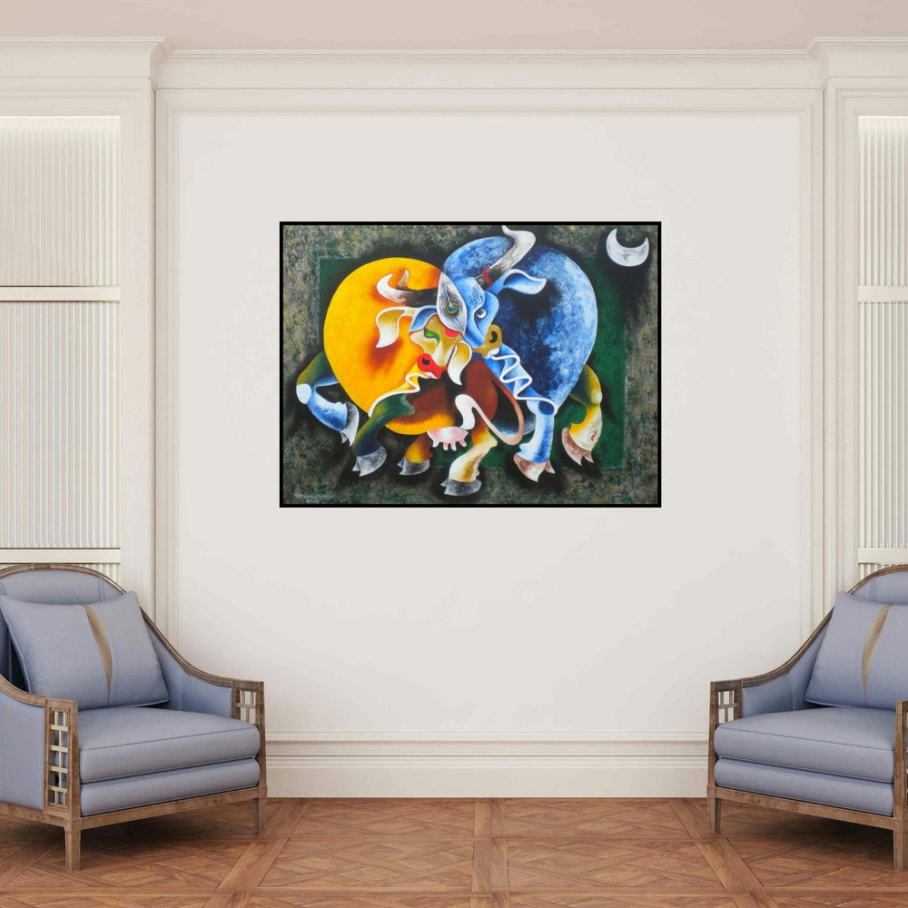 'Radga And Krishna (Nighttime Revelry)' painting by Uttam Manna shown on a wall in a furnished room.