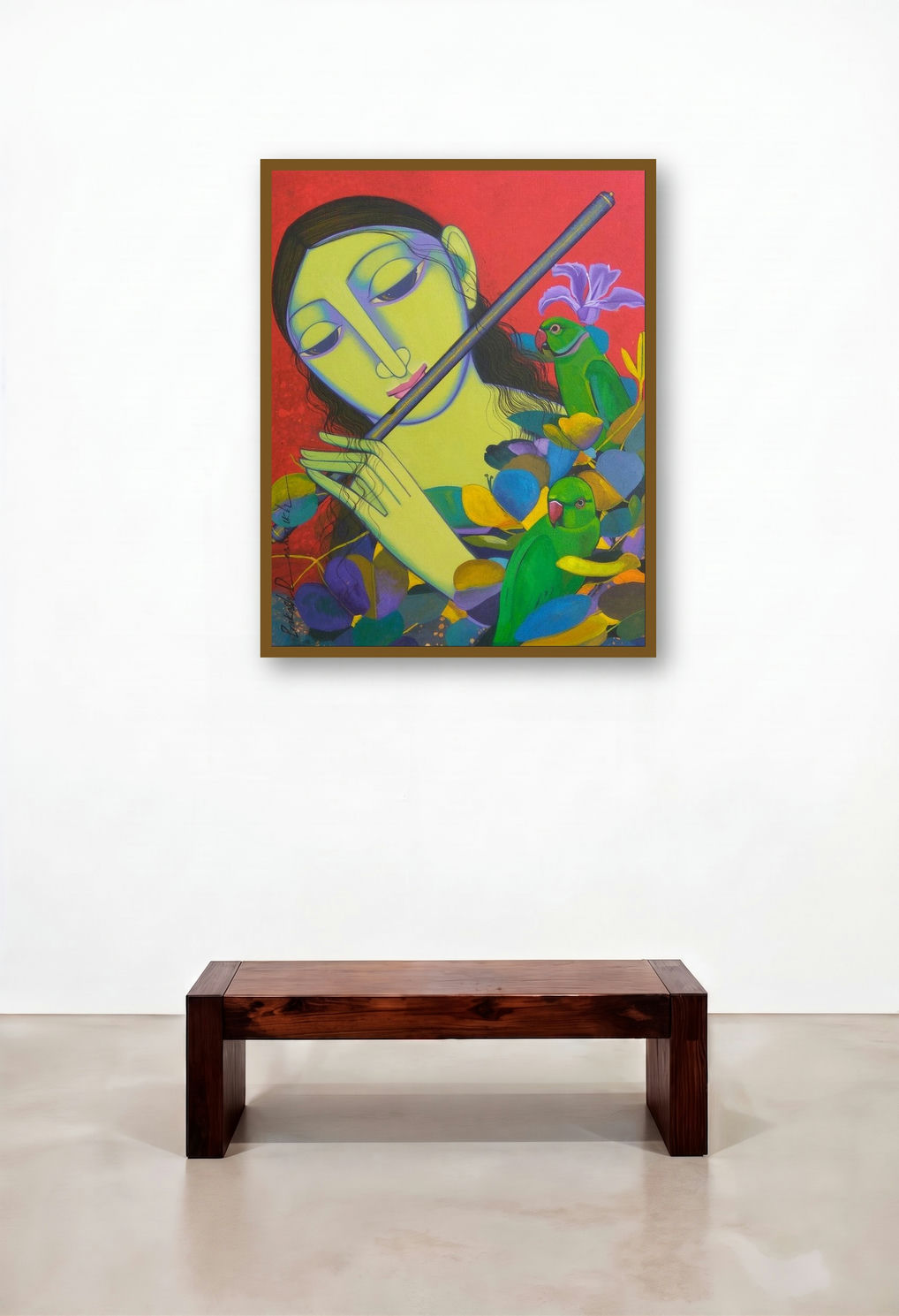 Radha 2 (Woman with Flute and Parrots) by artist Prakash Deshmukh displayed in a Traditional Penthouse