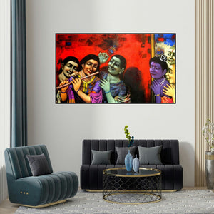 Apet Pramod's 'Radha (The Inner Radiance)' painting visualized above a sofa in a contemporary room.