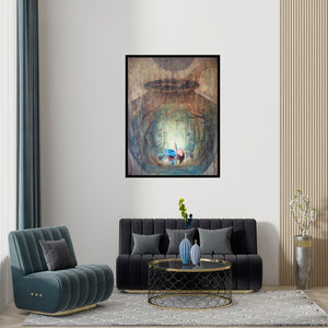 Preview of 'Radha And Krishna Ii (Whispers of the Wild)' Painting by Durshit Bhaskar shown on a wall in a furnished room.