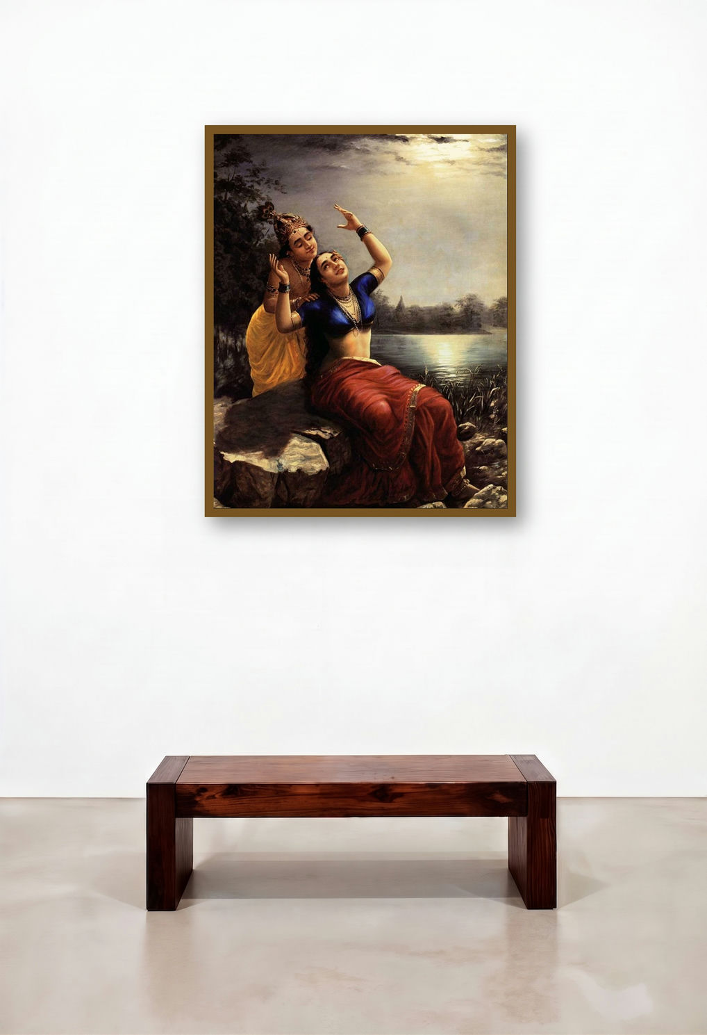 Radha And Madhav (Divine Love: Radha and Madhav) by artist Raja Ravi Varma displayed in a Mid-Century Modern Foyer