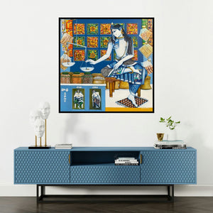 'Radha Kiranam (Krishna the Shopkeeper)' painting by Saraswathi Lingampally shown on a wall in a furnished room.