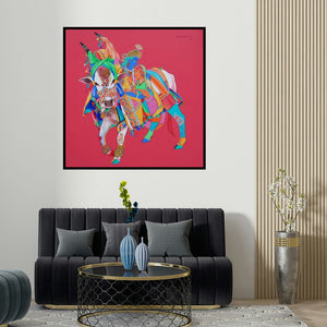 Mohammed Osman's 'Radha Krishna 1 (Divine Love and Playfulness)' painting visualized above a sofa in a contemporary room.