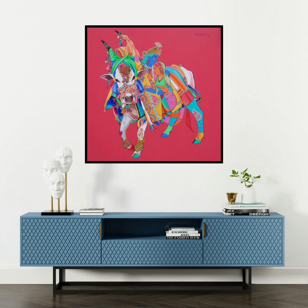 'Radha Krishna 1 (Divine Love and Playfulness)' painting by Mohammed Osman shown on a wall in a furnished room.