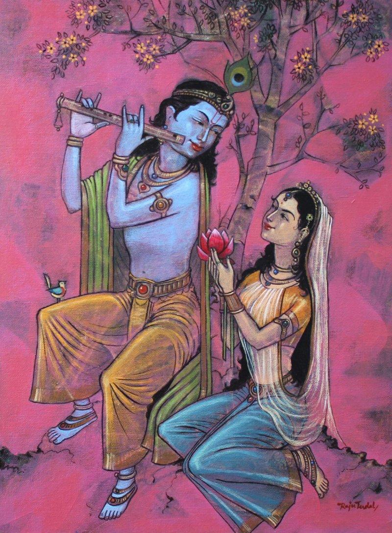 Figurative acrylic painting titled 'Radha Krishna 1', 12x16 inches, by artist Raju Terdals on Canvas