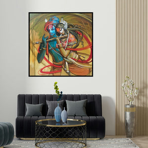 Manoj Das's 'Radha Krishna 10 (Radha Krishna Flute)' painting visualized above a sofa in a contemporary room.