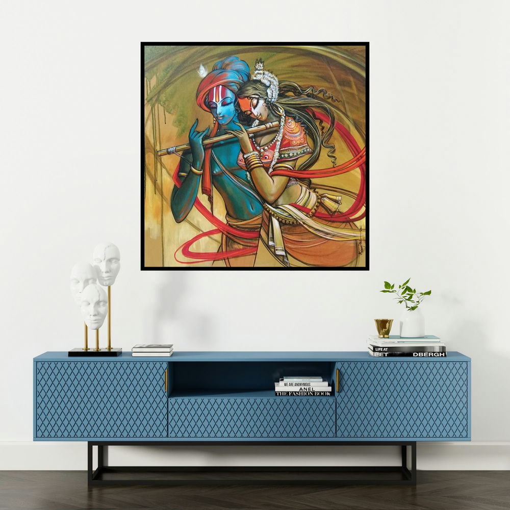 'Radha Krishna 10 (Radha Krishna Flute)' painting by Manoj Das shown on a wall in a furnished room.