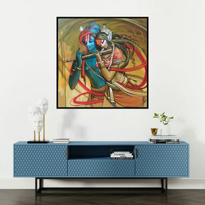 'Radha Krishna 10 (Radha Krishna Flute)' painting by Manoj Das shown on a wall in a furnished room.