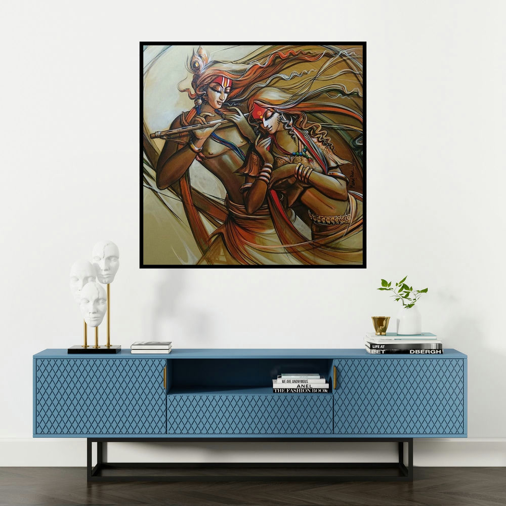 'Radha Krishna 11 (Radha Krishna Embrace)' painting by Manoj Das shown on a wall in a furnished room.