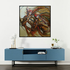 'Radha Krishna 11 (Radha Krishna Embrace)' painting by Manoj Das shown on a wall in a furnished room.