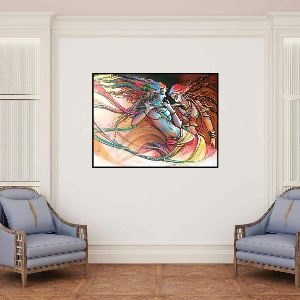 'Radha Krishna 12 (Radha Krishna Dance)' painting by Manoj Das shown on a wall in a furnished room.