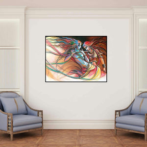 'Radha Krishna 12 (Radha Krishna Dance)' painting by Manoj Das shown on a wall in a furnished room.