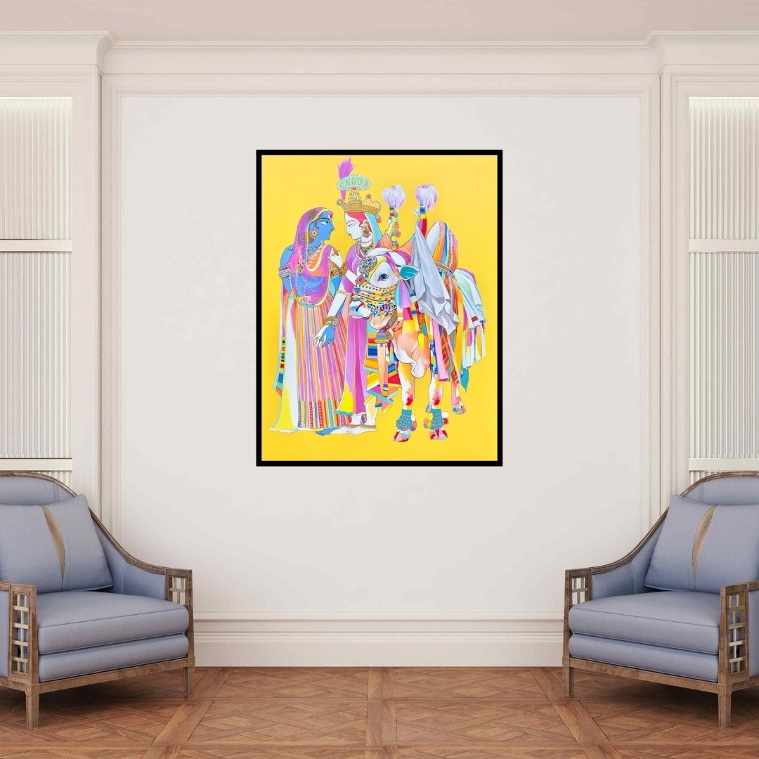 In-situ view of Mohammed Osman's 'Radha Krishna 2 (Divine Love and Playfulness)' painting in a room