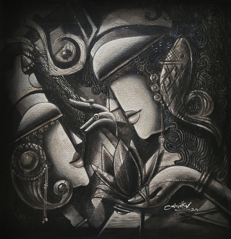 Radha Krishna 2' religious mixed-media painting by artist Anil Kumar Vishwakarma, 22x22 inch, on canvas